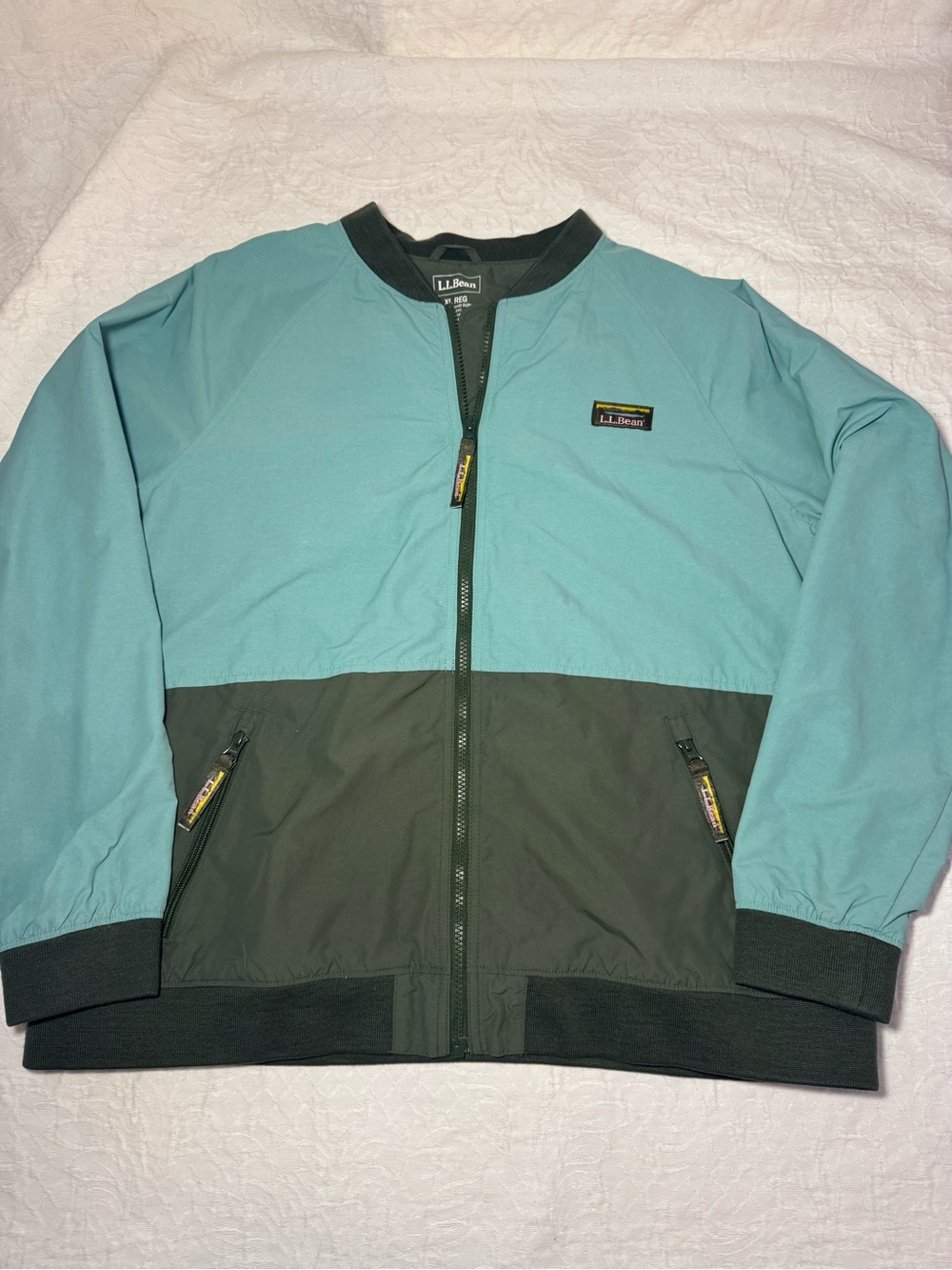 L.L.Bean Womens XL Colorblock Fleece Lined Bomber Jacket Blue Green Full Zip